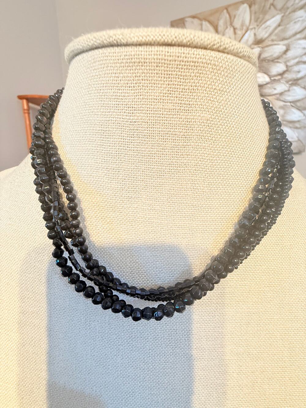 Vintage Black Multi Strand Beaded Choker Necklace 14”